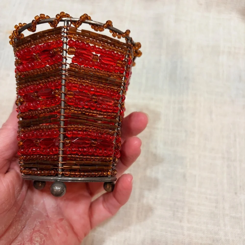 PartyLite Beaded‎ Votive Candle Holder Red Amber Bronze Wire Footed Boho Decor - Picture 3 of 7
